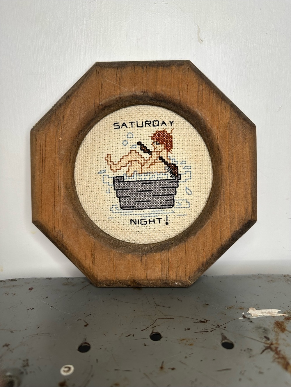 Vintage 'Saturday Night' Cross-Stitch Wall Plaque in Brown Frame